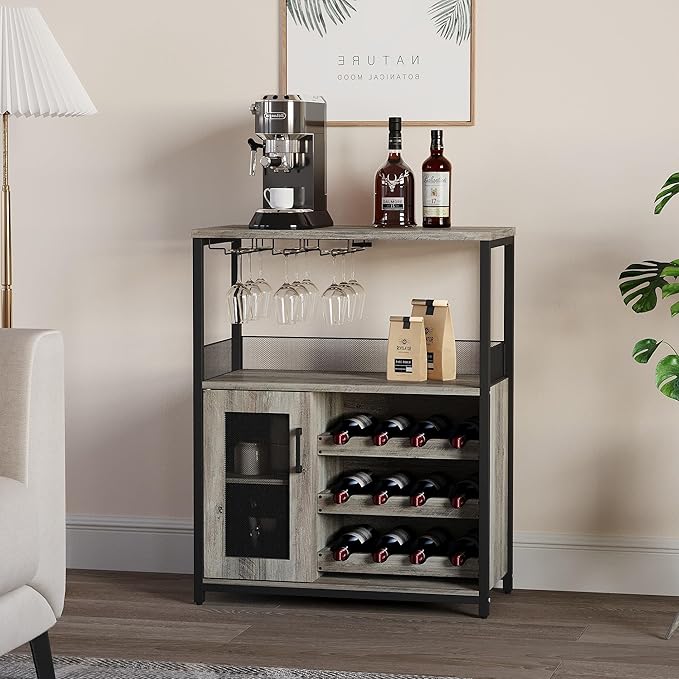 Vintage 3-Tier Wine Bar Cabinet with Adjustable Shelves, Glass Holders, Mesh Door, Small Buffet Sideboard Liquor & Coffee Bar Cabinet for Kitchen, Dining Room, Living Room