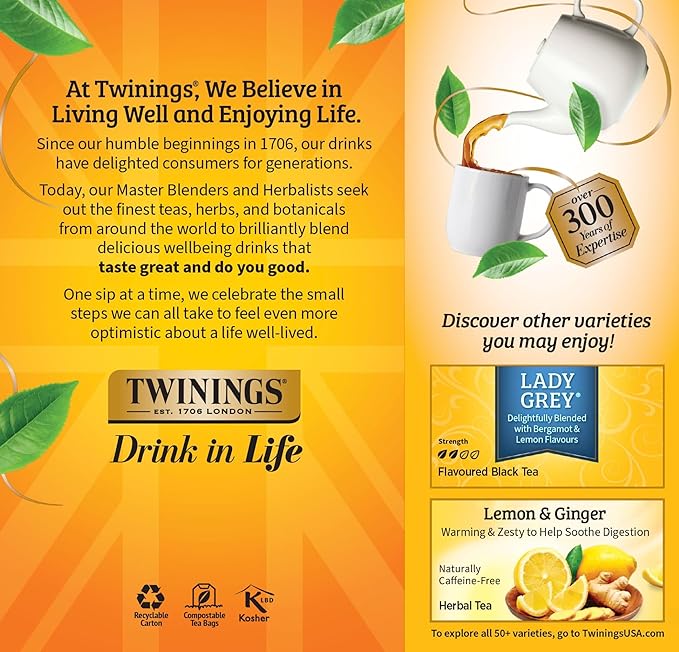 Twinings Earl Grey Black Tea Individually Wrapped Bags, 25 Count (Pack of 6), Flavoured with Citrus and Bergamot, Caffeinated, Enjoy Hot or Iced, 150 Teabags