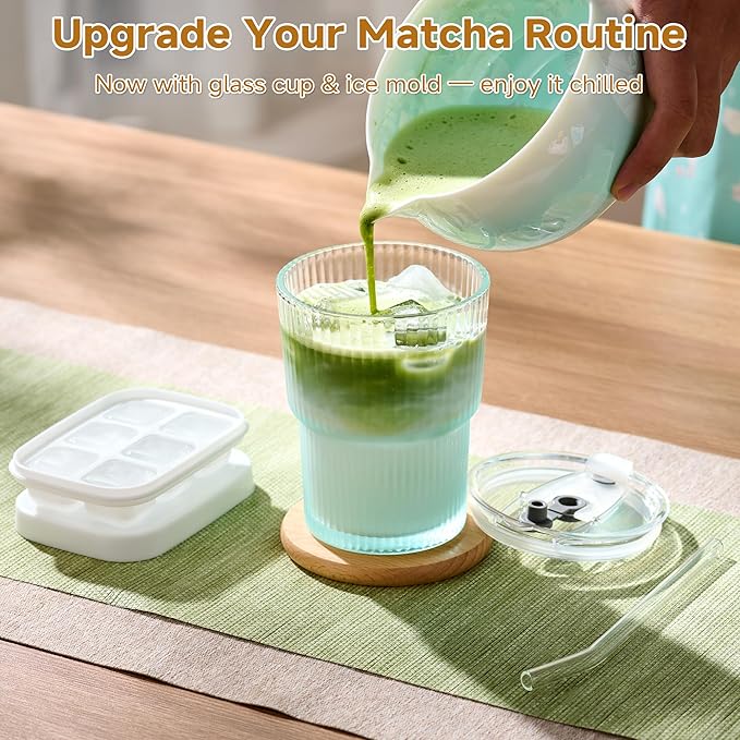 Matcha Whisk Set – Crystalline Glaze Bowl, Bamboo Whisk & Holder, Scoop & Sifter with Holder, Cup with Lid & Straw, Ice Cube Tray & Tea Towel – Blue Matcha Gift Set for Women, Christmas Gifts