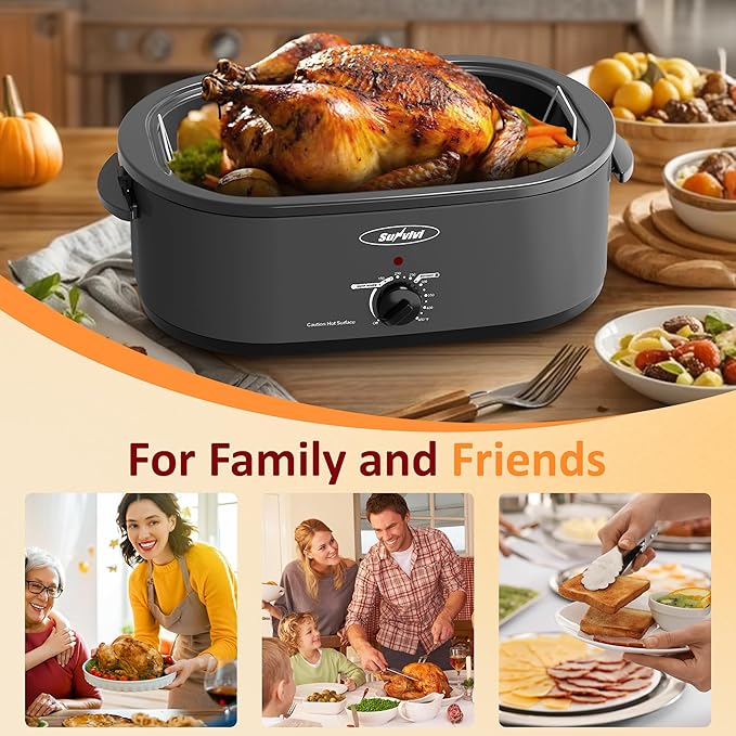 Sunvivi Electric Roaster,18 Quart Roasting Oven with Self-Basting Lid Removable Pan,Turkey Roaster Oven with 150 to 450F Temperature Control Cool-Touch Handles,Grey