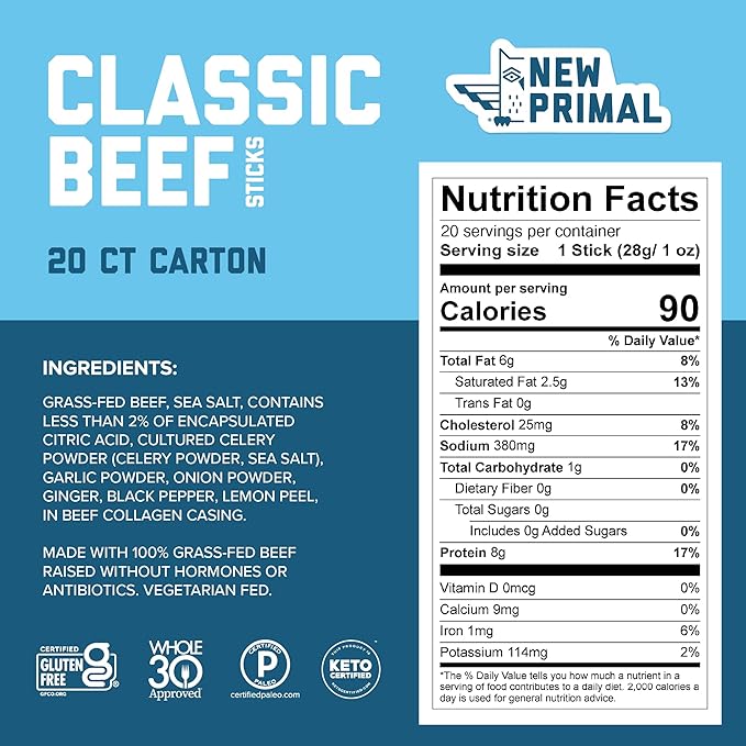The New Primal Grass Fed Beef Sticks, Keto, Gluten Free Healthy Snacks for Adults, Sugar Free Low Carb High Protein Snack, Paleo Whole30 Jerky Meat Stick, 8g Protein, 90 Calories, 20 Pack