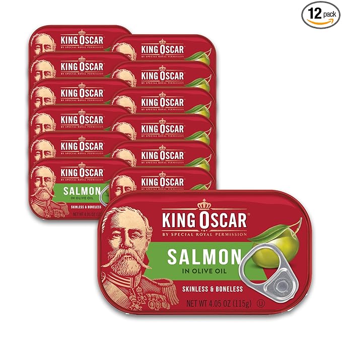 King Oscar Premium Salmon in Olive Oil, 4.05-Ounce Cans (Pack of 12, Packaging May Vary), Skinless & Boneless Salmon