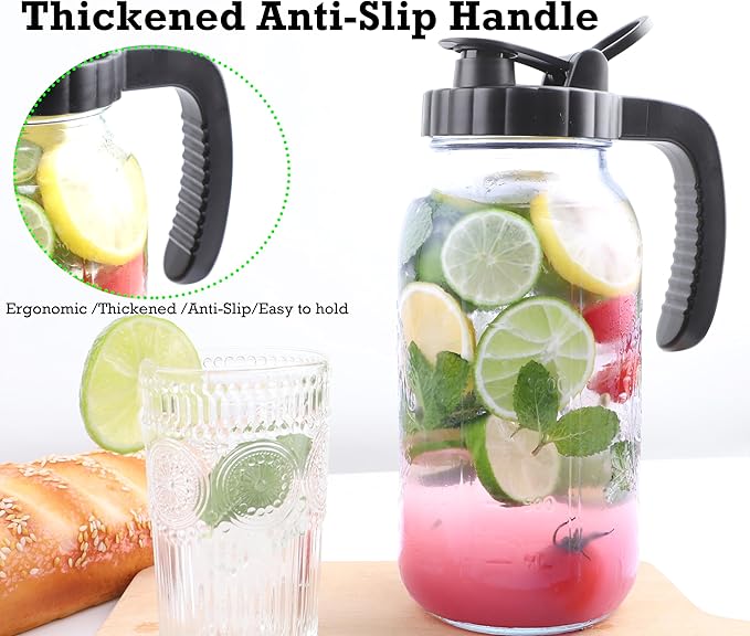 Mason Jar Pitcher 64 Oz With Handle Lid 2 Quart Sun Tea Glass Jar For Iced Hot Water 2 Set Wide Mouth Half Gallon Mason Jar Pitcher For Fridge Store Breast Milk Beverage Tea Coffee Airtight Water Jug