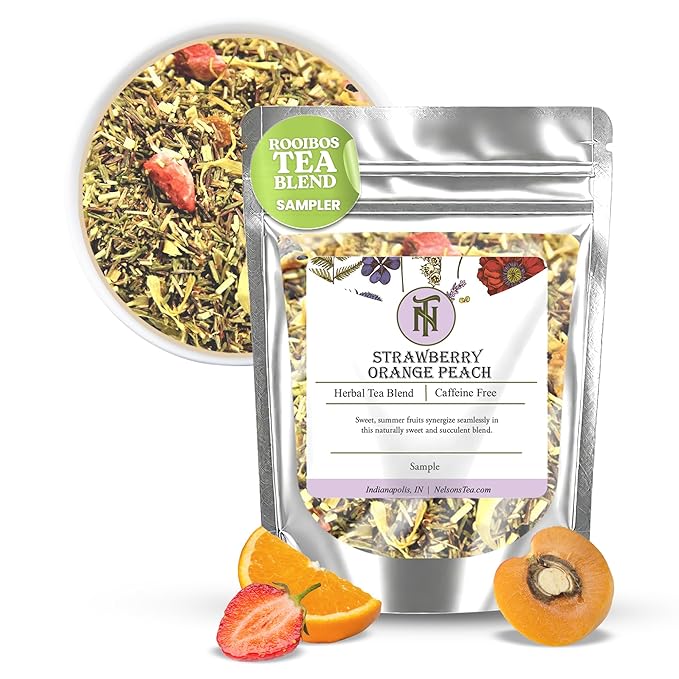 Nelson's Tea Strawberry Orange Peach - Caffeine Free Herbal Rooibos Loose Leaf Tea - Irresistable Blend of Green Rooibos, Orange Peel, Marigold and Strawberries - Fruit Loose Leaf (Sample 0.4 Oz)