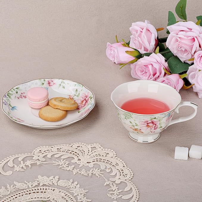 fanquare 7 oz Floral Tea Cup and Saucer Set for Afternoon Tea, British Style Porcelain Coffee Cup with Gold Trim for Home Party Gifting