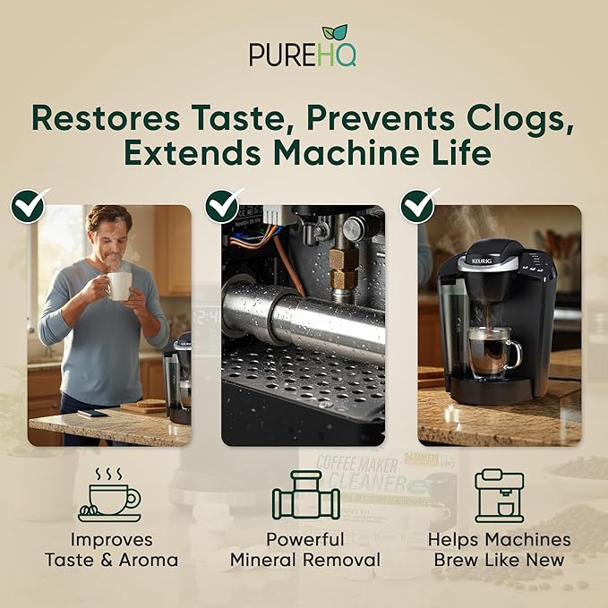 PUREHQ Coffee Machine Descaler Tablets – 24 Count Cleaning Tabs with 6 Keurig Water Filter Cartridges – Compatible with Keurig and Breville Coffee Makers
