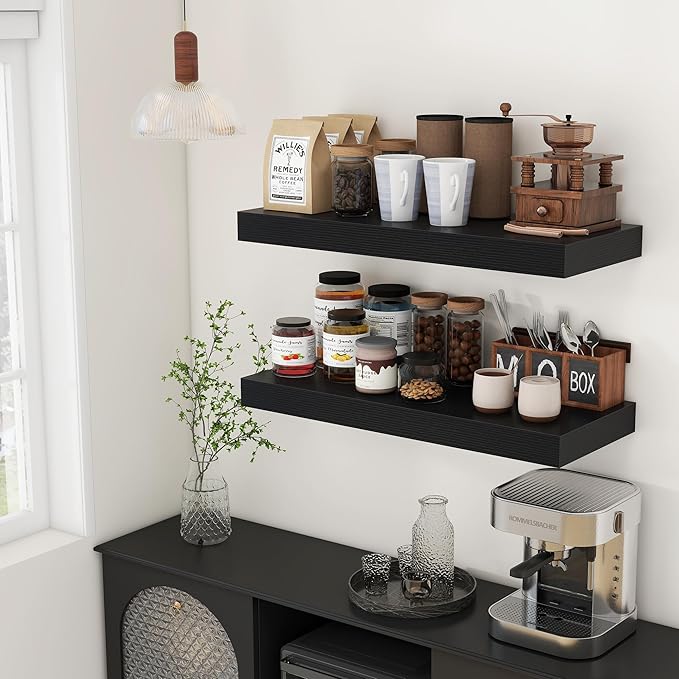 30 Inch Floating Shelves | 12 Inch Deep Black Floating Shelves Set of 2 | 30" W x 12" D Rustic Wood Shelves for Wall | Deep Black Shelves for Living Room Bathroom Laundry Room Kitchen