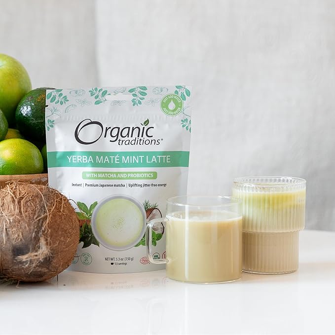 Organic Traditions Yerba Mate Tea Mint Latte with Matcha | Instant Dairy Free Superfood Latte | Instant Tea Latte | 150g/5.3oz Bag