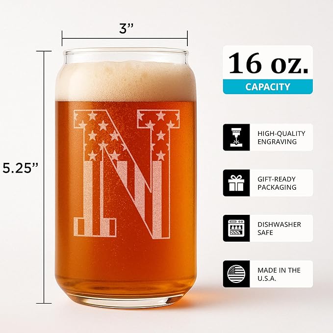 Monogram Beer Glasses for Men (A-Z) 16 oz - Beer Gifts for Men Brother Son Dad Neighbor - Unique Gifts for Him - Personalized Drinking Gift Beer Glass Mugs - Engraved Beer Can Glass (N)