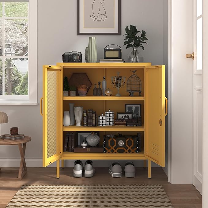 Steel Storage Cabinet Modern Metal Locker with Adjustable Shelf Lockable Storage Cabinet Metal Double Door Locker Home & Office Furniture Easy Assembly Yellow Size：33" H X 29.5" W X 13.8" D