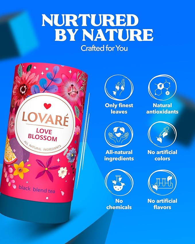 LOVARE Love Blossom Loose Leaf Tea 80 g - Black tea blend, Made in Ukraine - Dry Fig, Mango, and Strawberry Pieces, Safflower Petals, Passion Fruit & Mango Flavors - Tea Lovers Gift Box with 15 Paper Filters