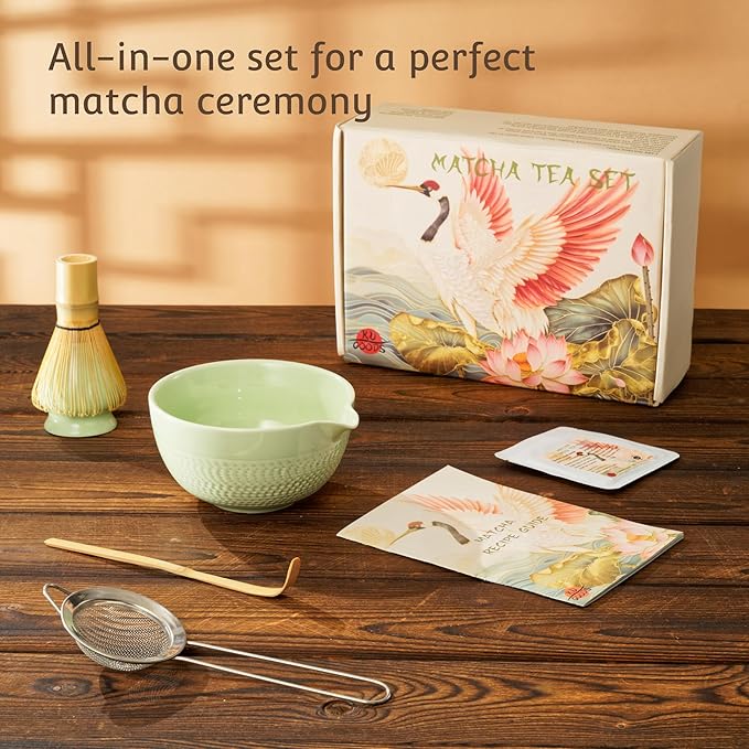 Matcha Whisk Set, Ceramic Bowl with Spout, Bamboo Whisk, Ceremonial Matcha Powder, Recipe Guide, Sifter, Holder, Scoop, Matcha Kit for Tea Lovers, Gift Box (Green)