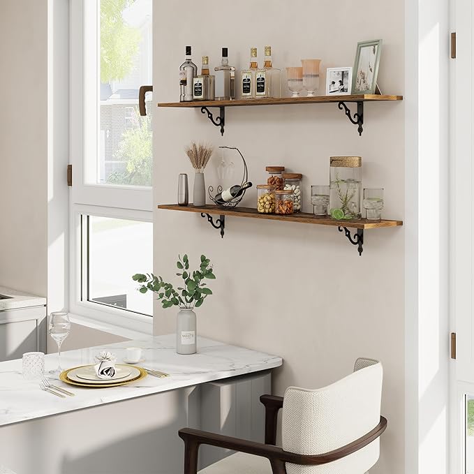 RICHFOCUS Floating Shelves for Wall Decor, 47.3W x 8D Shelves Set of 2, 8 Inch Deep Rustic Wood Shelf Wall Mounted with Brackets, Long Shelves for Living Room Bedroom Kitchen, Rustic Brown