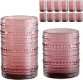 Vintage Glassware Drinking Glasses Set of 12,Purple 12oz & 15oz Hobnail Glass Cups,Embossed Water Tumbler,for Beer,Cocktail,Whiskey,Juice and Various Mixed Drinks- 1 Cleaning Brush