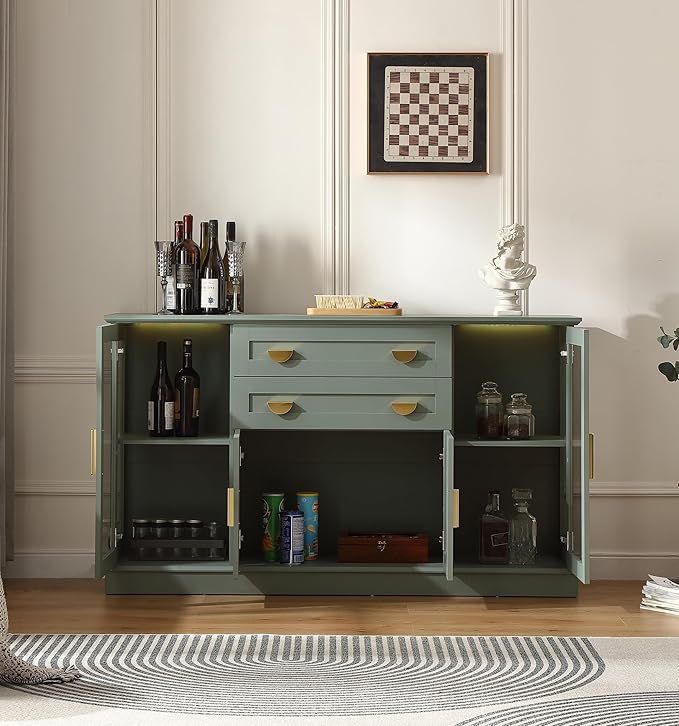 58.27'' Buffet Cabinet with 2 Drawers and Adjustable Shelves,Large Glass Door Coffee Bar Cabinet,Modern Farmhouse Sideboard Credenza for Kitchen,Green