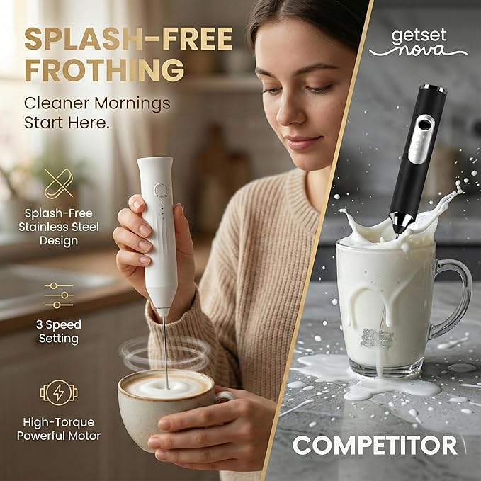 Milk Frother for Coffee, Rechargeable Electric Handheld Frother Wand with Dual Whisk, 3 Speed Settings, Fast Recharge, Powerful Motor, Handheld Mixer Electric with Stand