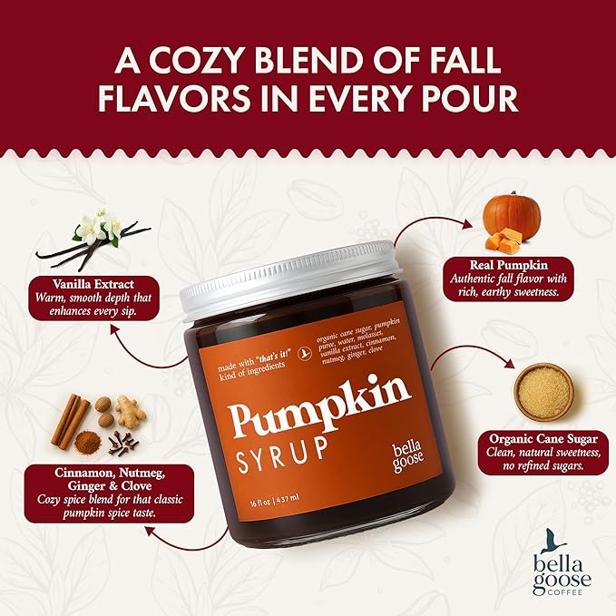 Bella Goose Pumpkin Syrup (16oz) - Homemade Pure Cane Sugar Syrup for Lattes, Matcha, Desserts & Ice Cream - Clean Ingredient - No Artificial Flavors, Dyes or Preservatives - Syrups for Coffee Drinks