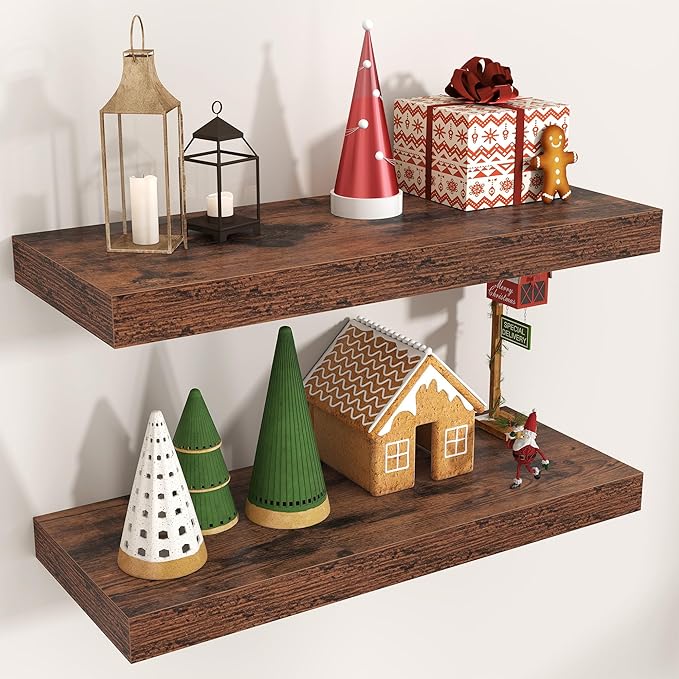 Floating Shelves for Wall, Engineered Wood Wall Shelves with Invisible Brackets for Living Room Bedroom Bathroom Office Kitchen Decor and Storage (Brown, 24" W x 9" D x 1.5" H) Set of 2