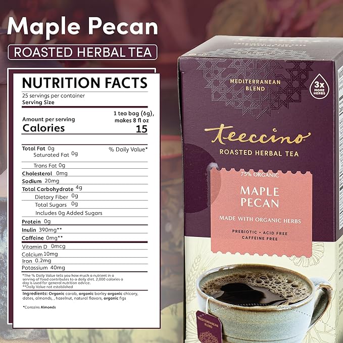 Teeccino Maple Pecan Herbal Tea - Rich & Roasted Herbal Tea That’s Caffeine Free & Prebiotic for Natural Energy, Coffee Alternative, 25 Count
