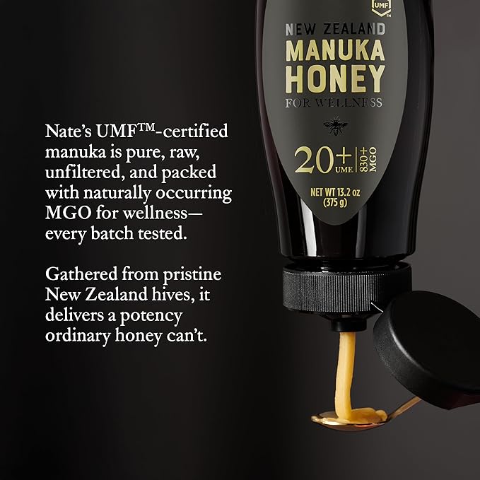Nate's Pure Manuka Honey, Gold Edition | Sourced & Packed in New Zealand | MGO 830+ UMF Certified 20+ | 13.2 oz Squeeze Bottle