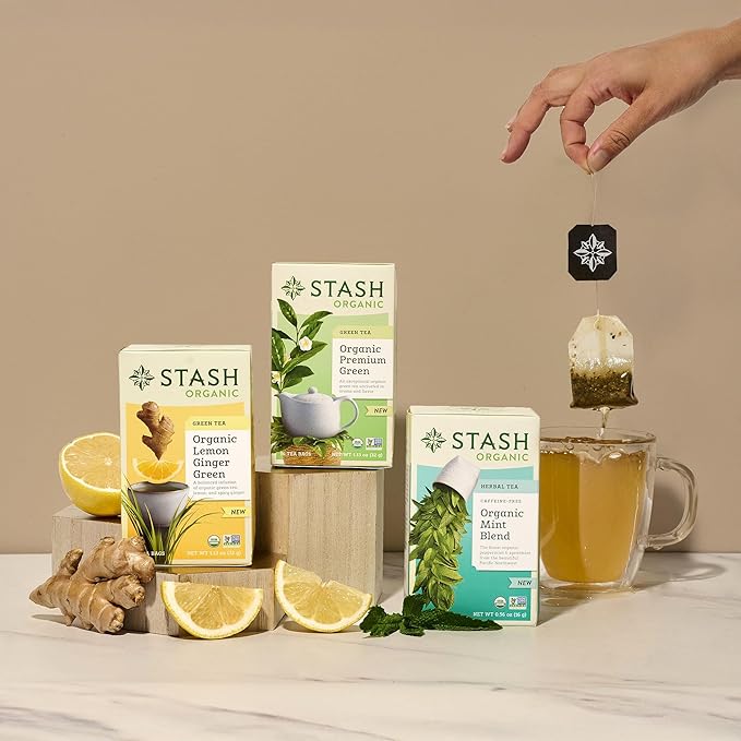 Stash Tea Organic Lemon Ginger Green Tea, Caffeinated, Non-GMO Project Verified, Serve Hot or Iced, 96 Tea Bags, 16 count (6 pack)