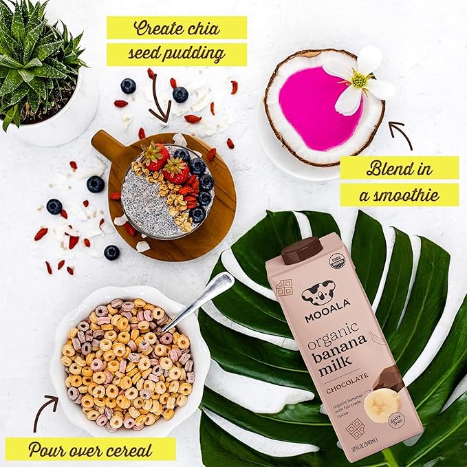 Mooala – Organic Chocolate Bananamilk, 32 fl oz (Pack of 6) – Shelf-Stable, Non-Dairy, Nut-Free, Gluten-Free, Plant-Based Beverage
