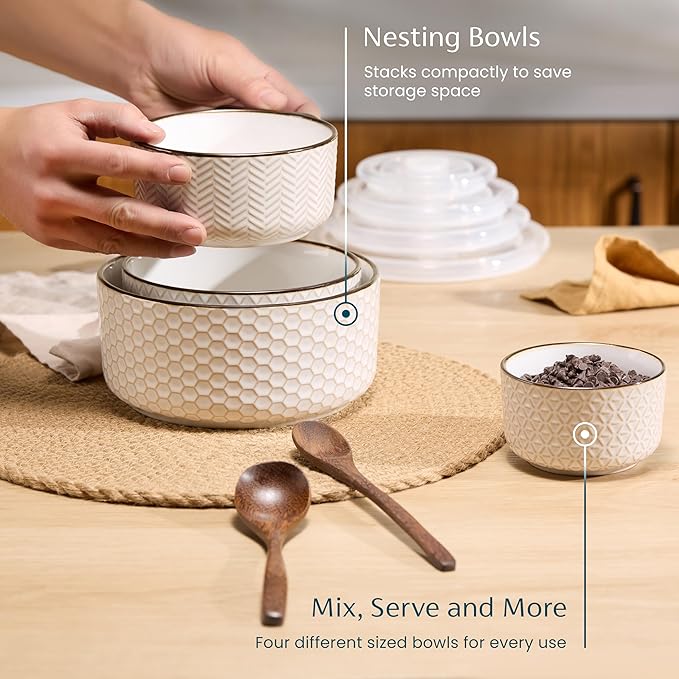KooK Mixing Bowls, with Lids, Ceramic Nesting Bowls. Space Saving, Set of 4, Embossed, Kitchen, Prep, Stackable, Mix, Gift, Microwave and Dishwasher Safe, 10/16/29/47 oz, Narbonne Collection (Ivory)