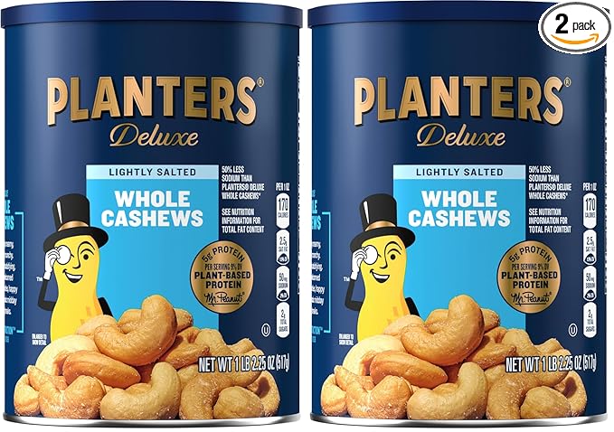 PLANTERS Deluxe Lightly Salted Cashews, Party Snacks, Plant-Based Protein, Quick Snack for Adults, After School Snack, Flavored with Sea Salt, Kosher, 1lb 2.25oz (Pack of 2)
