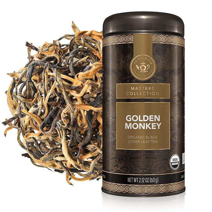 Teabloom Organic Golden Monkey Loose Leaf Tea, USDA Certified Organic Black Tea, Lingering Aroma with Smooth and Malty Flavor, 2.12 Ounce Loose Leaf Tea Canister Makes 35-50 Cups