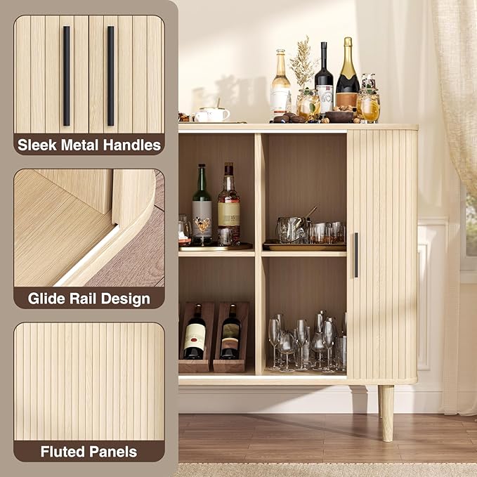 35" Fluted Accent Buffet Cabinet, Oak Small Storage Sideboard with Sliding Door, Mid Century Natural Credenza with Solid Wood Leg, Wine Coffee Bar Console Table for Kitchen, Entryway, Diningroom