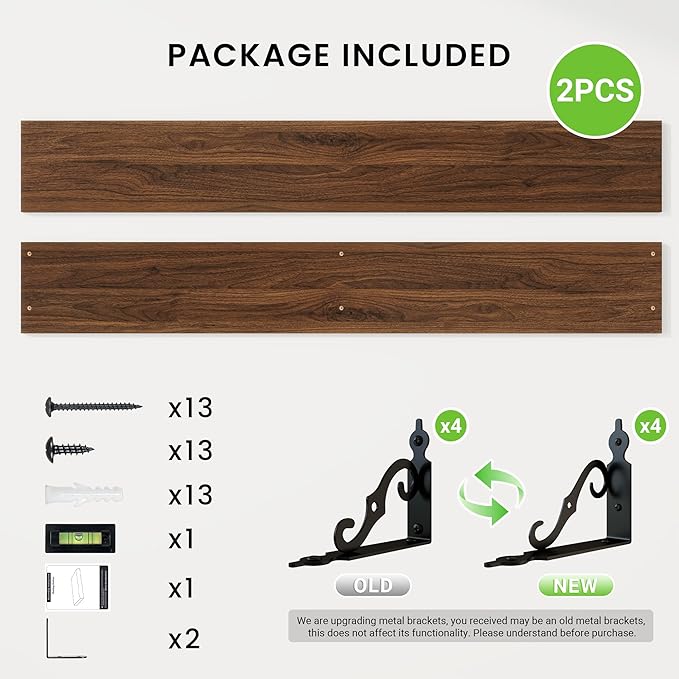 RICHFOCUS Floating Shelves for Wall Decor, 55.1W x 8D Shelves Set of 2, 8 Inch Deep Rustic Wood Shelves Wall Mounted with Brackets, Long Floating Shelves for Living Room Bedroom Kitchen, Walnut