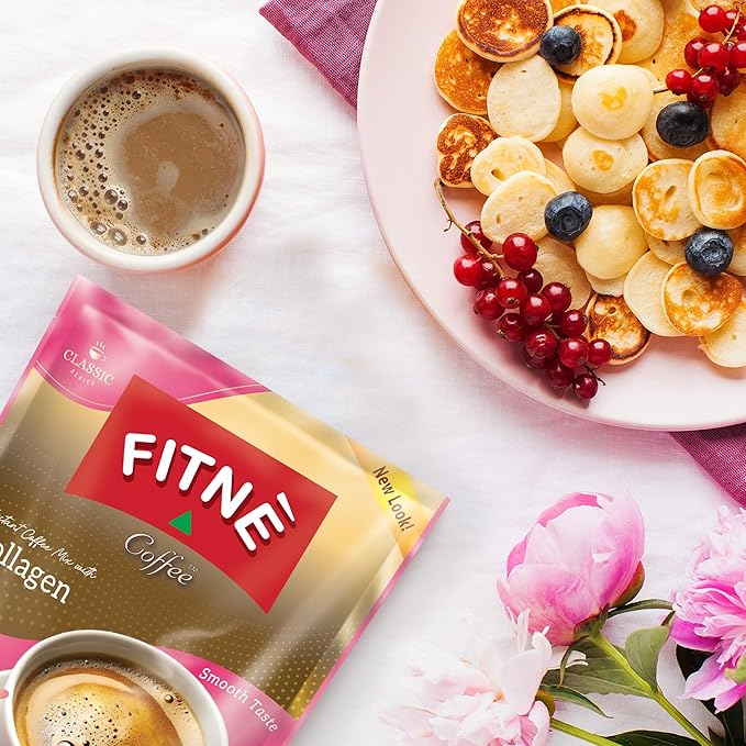 FITNE Instant 3 In 1 Coffee Packets Mix With Natural Hydrolyzed Collagen Vitamin C Smooth Blend Tasty Aromatic No Sugar Sucralose Sweetener, 30 Sachets