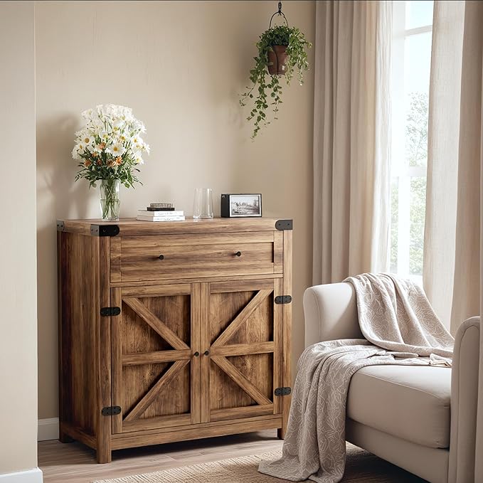 YESHOMY Coffee Bar and Accent Cabinet, Farmhouse Barn Door Buffet Sideboard with Drawer and Adjustable Shelf, Wide Desktop for Kitchen, Dining Room, Bathroom, Entryway, Brown＆Rustic