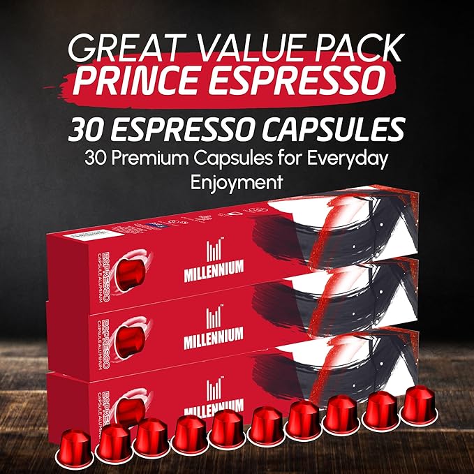 Prince Caffe Espresso Pods –Millennium Intensity 9, Medium-Dark Roast, The Espresso Coffee Pods Are Compatible with Nespresso Original Line Machines, 30 Count (3 x 10 Capsules) Premium Quality Coffee Capsules.