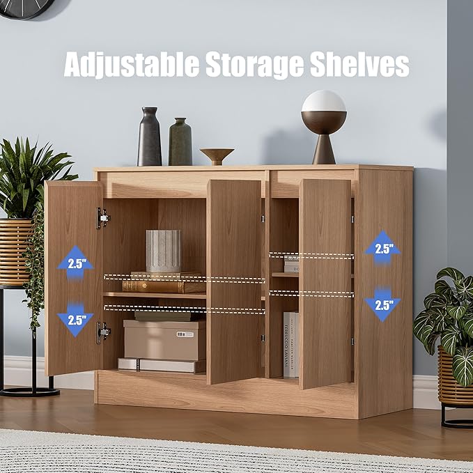 Buffet Cabinet with Storage, Coffee Bar Cabinet with 3 Doors and Adjustable Shelf, Modern Kitchen Buffet Sideboard for Living Room, Kitchen, Oak