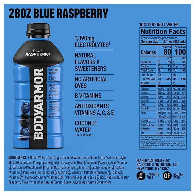 BODYARMOR Sports Drink, Blue Raspberry, Electrolyte Drink Hydration, 28 Fl Oz Bottles (15 Pack), Flavored Coconut Water with B Vitamins & Antioxidants