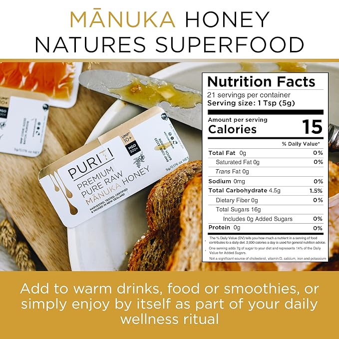 PURITI Genuine Raw Manuka Honey Snaps On The Go - UMF 10+ (MGO300+) 21 x 0.18oz Individual Snap Packets, Single Serve Honey Sticks for Tea, Travel & Snacks, Certified, Authentic Made in New Zealand