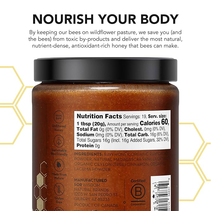 Drizzle Cacao Luxe Raw Honey - All Natural Pure Raw Honey with Organic Cacao, Unfiltered & Unheated, Use in Tea & Coffee, Sugar Substitute, Certified Kosher - 13.2 oz Jar (375 g)