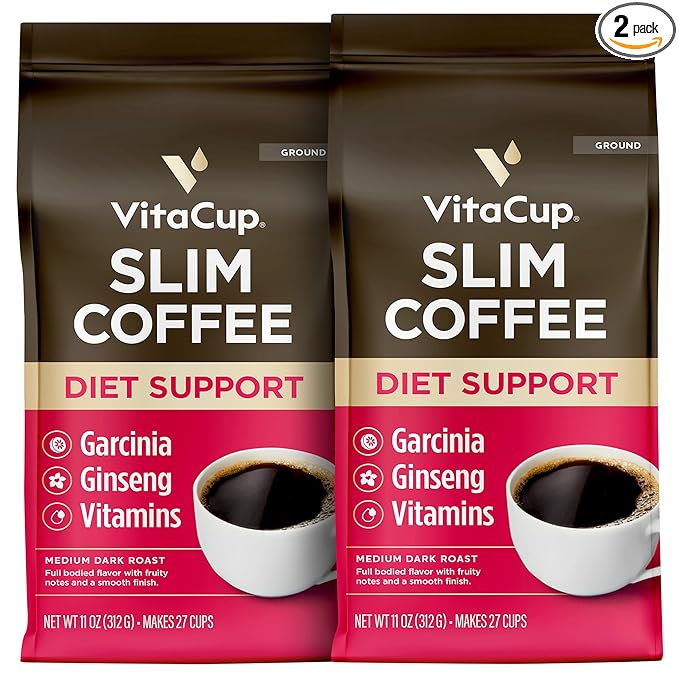 VitaCup Slim Ground Coffee, Diet Support with Ginseng, Garcinia, B Vitamins, Medium Dark Roast, Bold and Smooth,100% Arabica Specialty Coffee Grounds, 2 bags, 11oz each