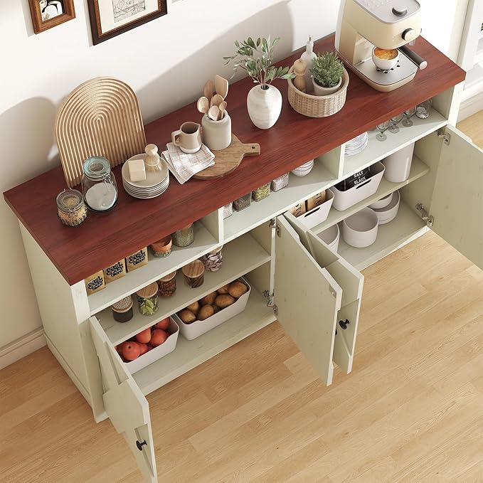 60” Large Sideboard Buffet Cabinet with Storage, Farmhouse Kitchen Buffet Cabinet with Adjustable Shelves and 4 Barn Doors, Wood Coffee Bar Storage Cabinet for Kitchen, Dining Room, Rustic White