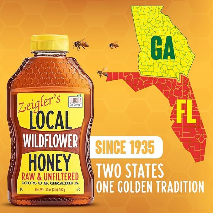 Zeigler's Wildflower Honey, 32 Oz – 100% Natural, Raw & Unfiltered, Georgia Grown Certified – Pure Southern Honey – Great for Tea, Baking, Yogurt, Toast