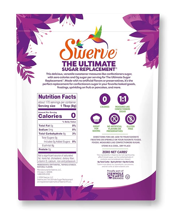 Swerve Ultimate Sugar Replacement Sweetener, Confectioners Sugar Substitute, Zero Calorie, Keto Friendly, Zero Sugar, Non-Glycemic, Gluten Free, 48 Oz