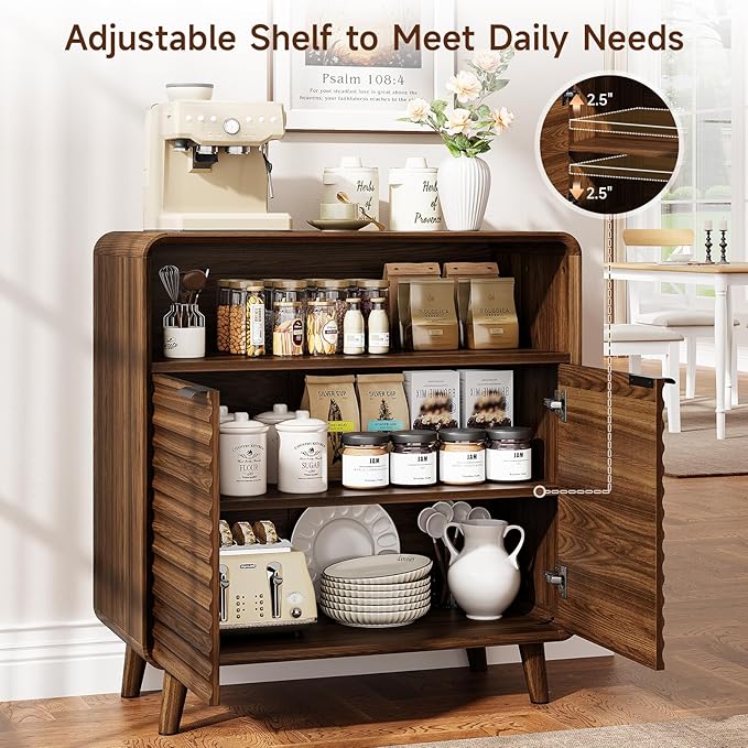 31.5" Sideboard Buffet Cabinet with Storage, Curved Sideboard with 2 Wave Doors and Angled Side Frame, Small Storage Cabinet with Adjustable Shelves, Coffee Bar Cabinet for Dining Room, Walnut