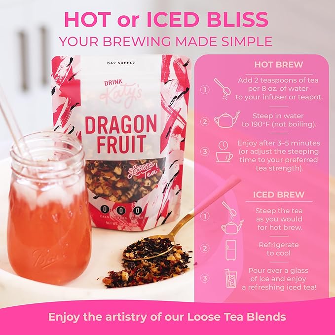 Katy’s Dragonfruit Loose Leaf Tea | Hydrating & Fruity Herbal Tea | Hibiscus, Dragonfruit & Pineapple | Caffeine-Free Fruit Tea | 30+ Cups | Hot or Iced | Antioxidant-Rich | Woman-Owned | 3oz Pouch