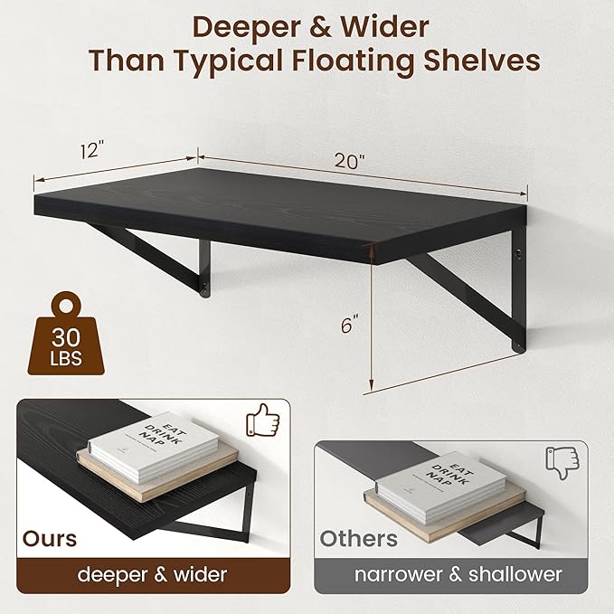 Axeman Deep Floating Shelves - 20 Inch Black Floating Shelves Set of 2-12 Inch Deep Wood Wall Shelves for Living Room Bathroom Kitchen