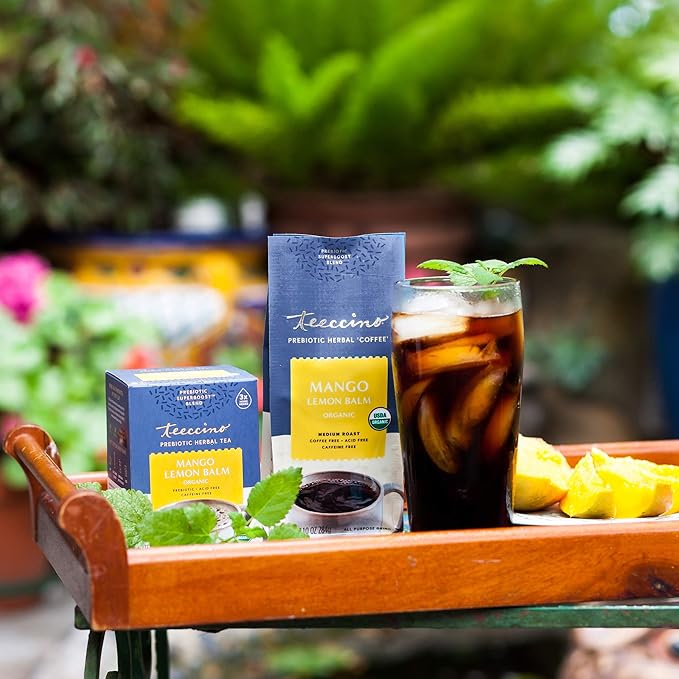 Teeccino Mango Lemon Balm - Prebiotic Superboost™ Herbal Blend - Steep Like Loose Leaf Tea or Brew Like Coffee – Support Probiotics 3 Vegan Prebiotics for Gut Health & Good Mood, 10 Ounce