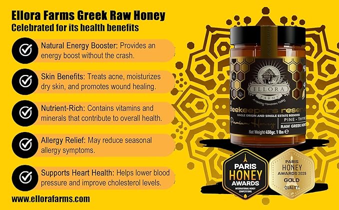 Ellora Farms Single Estate PDO Raw Greek Honey, Pine & Thyme Raw Honey Unfiltered, Beautiful Gift Pack with Dipper, Beekeepers Reserve, Pure Raw & Unfiltered Cold-Pressed, Gluten Free - 450 g