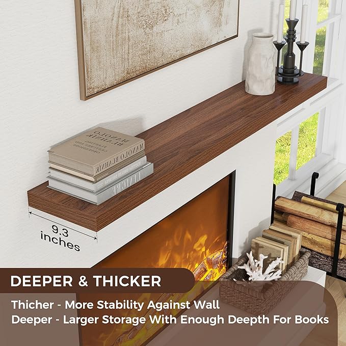 Floating Shelves for Wall, Engineered Wood Wall Shelves with Invisible Brackets for Living Room Bedroom Bathroom Office Kitchen Decor and Storage (Walnut, 55" W x 9" D x 1.5" H) Set of 1