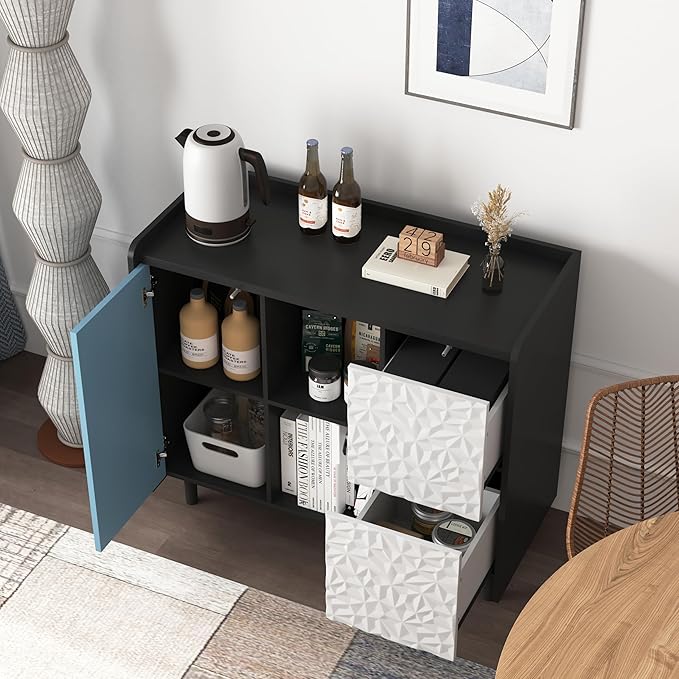 35" Small Sideboard Storage Cabinet with Storage, Storage Cabinet with Adjustable Shelf, 2 Drawers, 1 Blue Door, Modern Coffee Bar Cabinet for Dining Room, Living Room