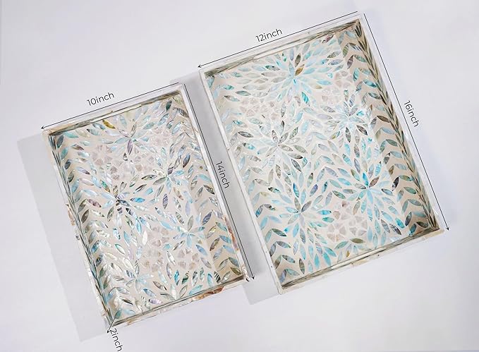 Serving Trays Handmade Trays for Serving Mother of Pearl Inlay Decorative Tray Room Decor, Coffee Table Tray Set of 2 Trays Decor for Ottoman Length 16'' and 14''